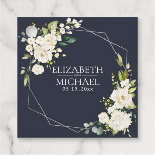 Étiquettes Cadeau Mariage floral blanc blanc bleu marine géométrique