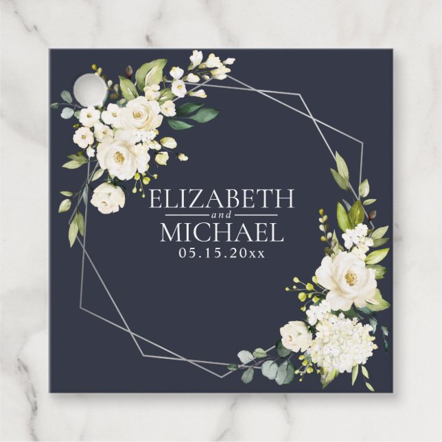 Étiquettes Cadeau Mariage floral blanc blanc bleu marine géométrique (Devant)