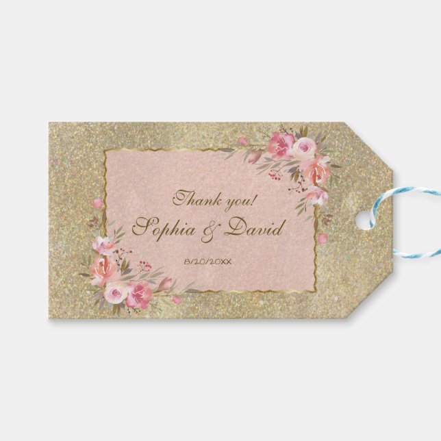 Étiquettes-cadeau Mariage floral brillant Parties scintillant or (Devant (Horizontal))