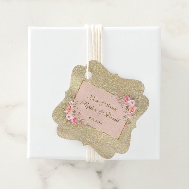 Étiquettes Cadeau Mariage floral brillant Parties scintillant or (En situation)