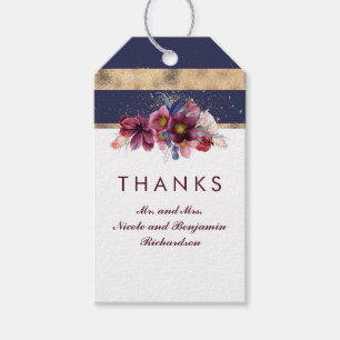 Étiquettes-cadeau Mariage floral de la marine bourguignonne et or