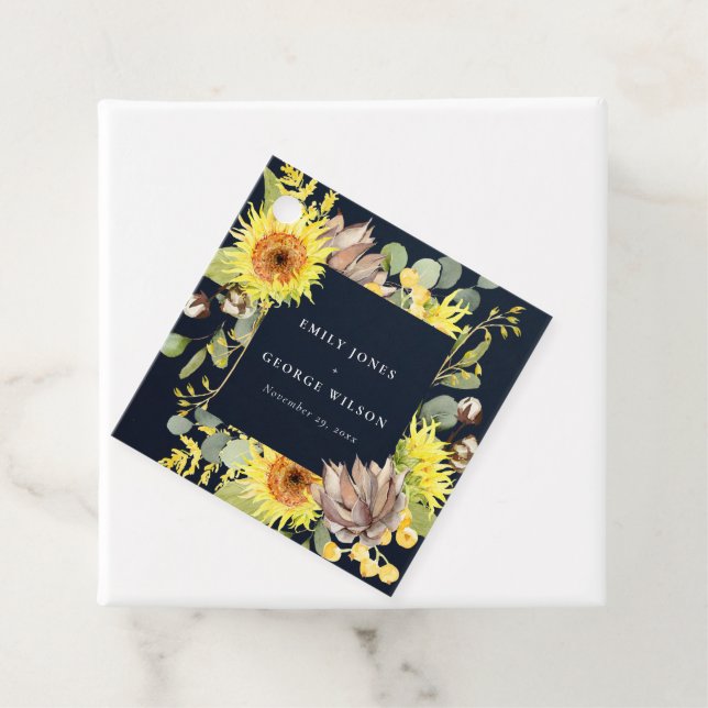 ÉTIQUETTES CADEAU MARIAGE FLORAL DE LA MARINE SUNFLOWER EUCALYPTUS P (En situation)