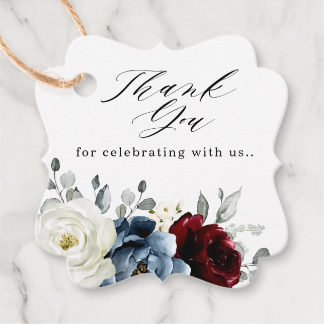 Étiquettes Cadeau Mariage floral d'ivoire blanc bleu ardoise (Devant)