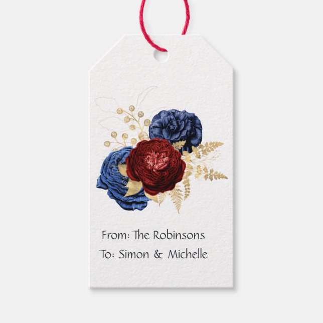Étiquettes-cadeau Mariage floral marine, rouge et or (Devant)