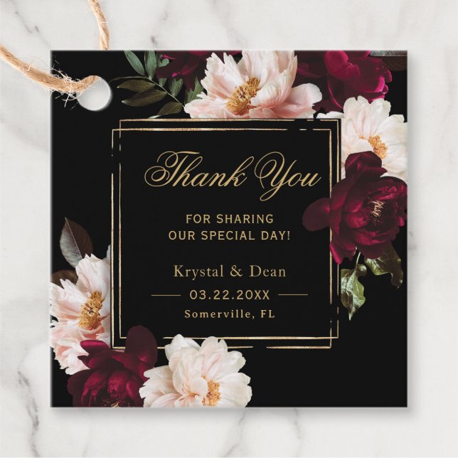 Étiquettes Cadeau Mariage floral noir noir foncé Moody Bourgogne (Devant)