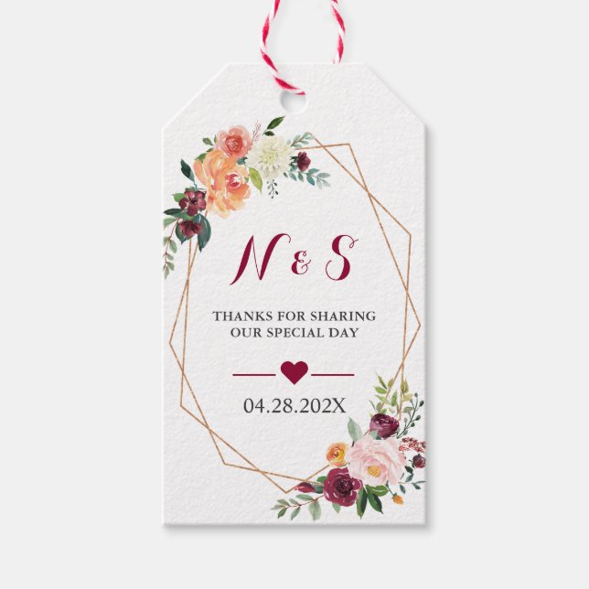 Étiquettes-cadeau Mariage Floral rose Bourgogne Favoriser le Merci (Devant)
