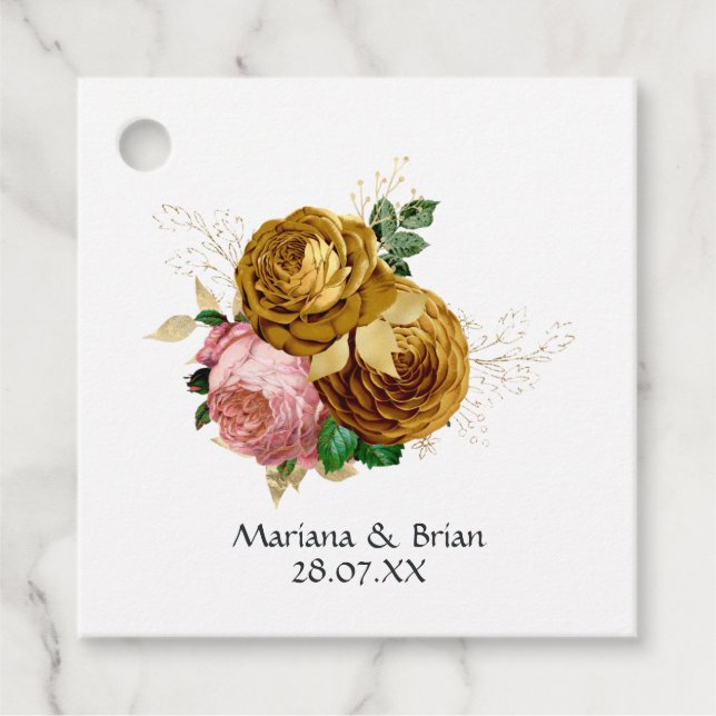 Étiquettes Cadeau Mariage floral rose et or (Devant)