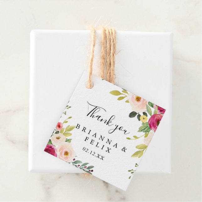 Étiquettes Cadeau Mariage floral rose vert (En situation)