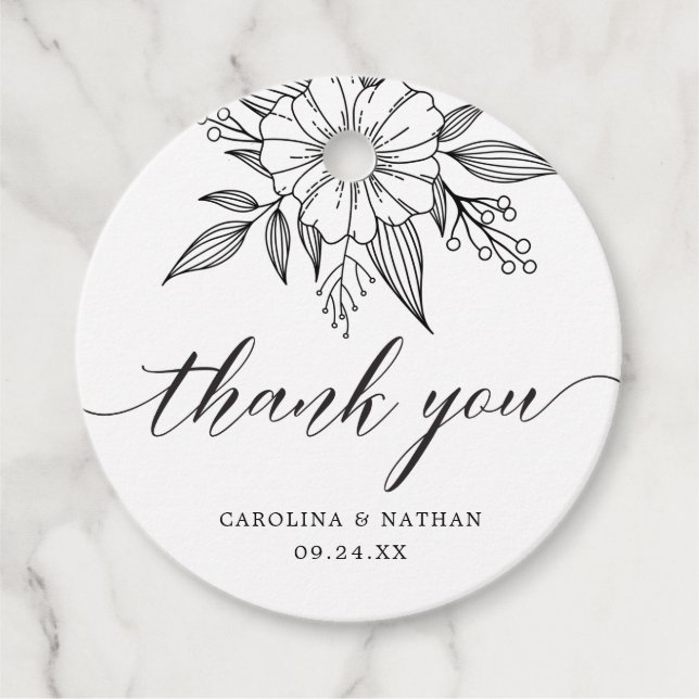 Étiquettes Cadeau Mariage floral simple élégant Merci noir (Devant)