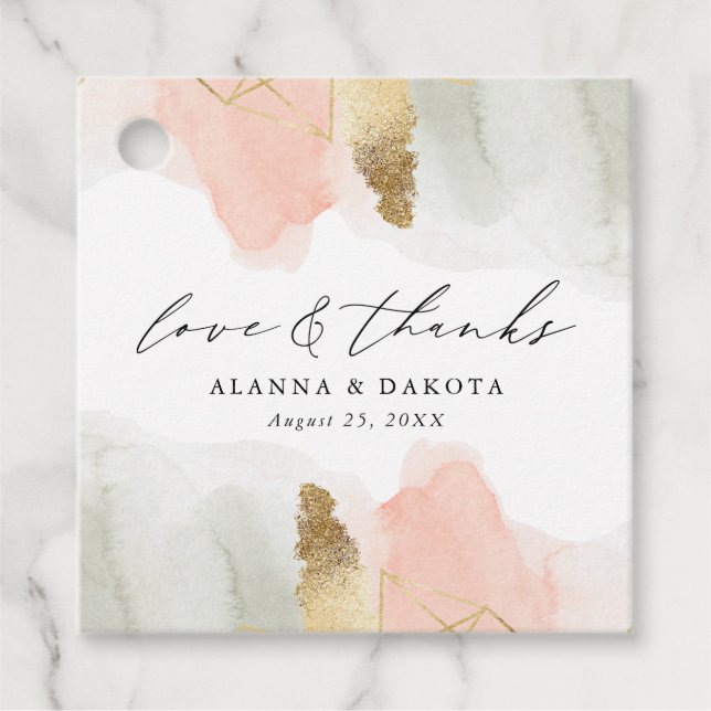 Étiquettes Cadeau Mariage géométrique Blush & Sage Aquarelle Or (Devant)