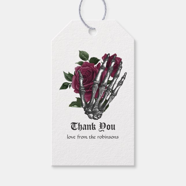 Étiquettes-cadeau Mariage gothique à main de squelette floral de Bou (Devant)