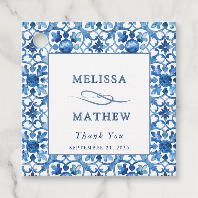 Étiquettes Cadeau Mariage méditerranéen moderne bleu & blanc (Devant)