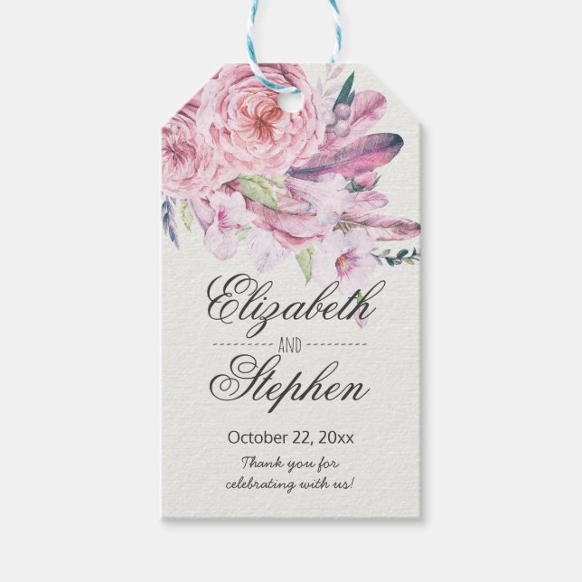 Étiquettes-cadeau Mariage Merci Aquarelle Boho Plumes florales (Devant)