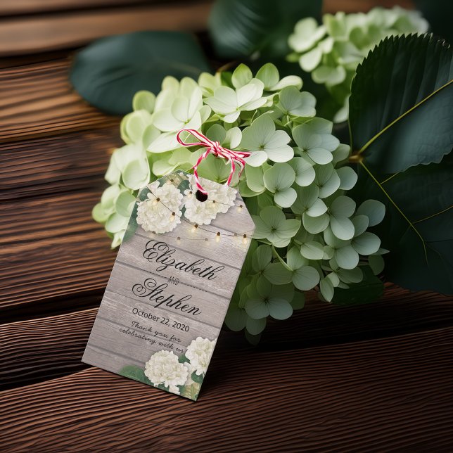 Étiquettes-cadeau Mariage Merci Fleur Chaîne Lumières Bois rustique (Créateur téléchargé)