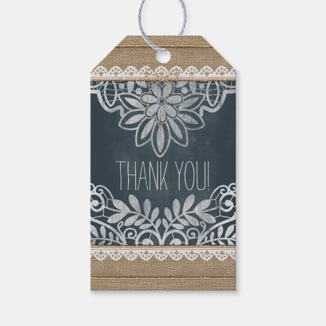 Étiquettes-cadeau Mariage Merci Rustique Burlap Lace Chalkboard (Devant)