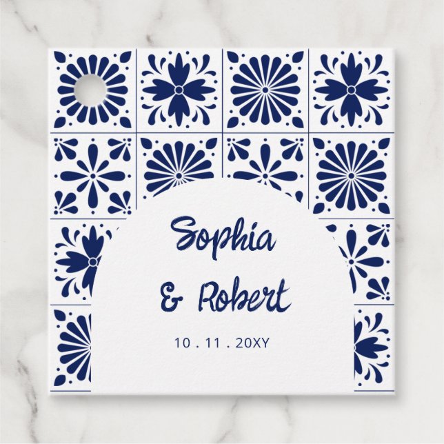 Étiquettes Cadeau Mariage mexicain en carreaux de Talavera bleu (Devant)