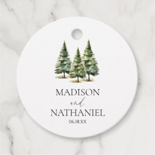 Étiquettes Cadeau Mariage minimaliste de la forêt de pins neigeux d'