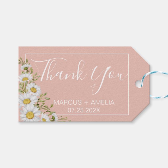 Étiquettes-cadeau Mariage moderne Blush & White Daisers (Devant (Horizontal))