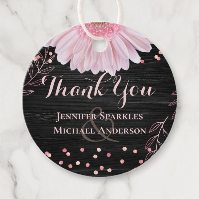 Étiquettes Cadeau Mariage moderne de marguerite rose noire (Devant)