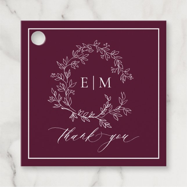 Étiquettes Cadeau Mariage Monogramme de cime feutrée de Bourgogne mo (Devant)