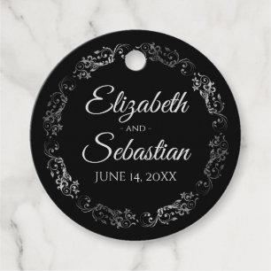 Étiquettes Cadeau Mariage noir élégant à la bordure d'argent ornée d