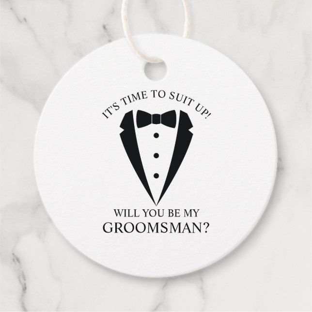 Étiquettes Cadeau Mariage noir Tuxedo Suit Groomsman Proposition (Devant)