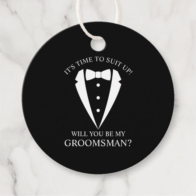 Étiquettes Cadeau Mariage noir Tuxedo Suit Groomsman Proposition (Devant)