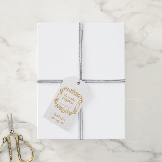 Étiquettes-cadeau Mariage Ornate Gold Frame Personnalisé (Avec de la ficelle)