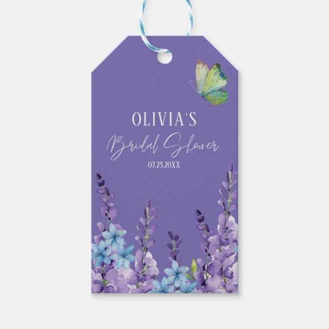 Étiquettes-cadeau Mariage papillon floral pourpre  (Devant)