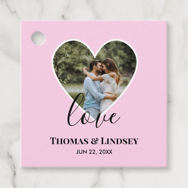 Étiquettes Cadeau Mariage Photo Cadre Coeur Rose Calligraphie Modern (Devant)