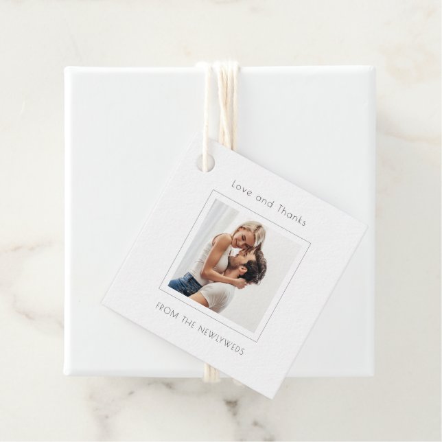 Étiquettes Cadeau Mariage photo Carré contemporain Merci (En situation)