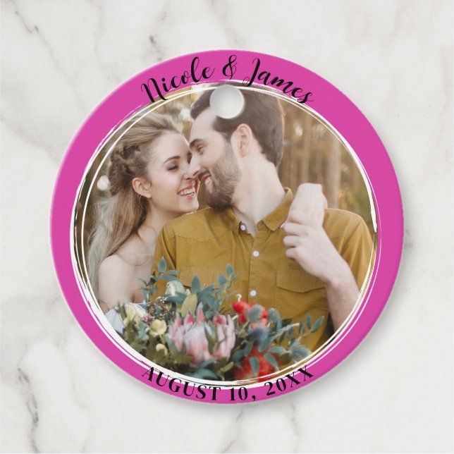 Étiquettes Cadeau Mariage photo circulaire rose chaud (Devant)