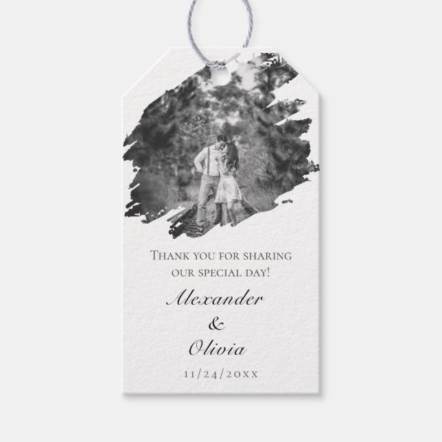Étiquettes-cadeau Mariage photo moderne Brushstroke | Faveur blanche (Devant)