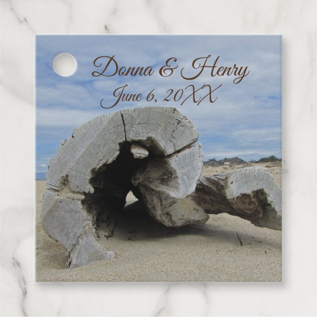 Étiquettes Cadeau Mariage plage Favor Driftwood Photo Merci (Devant)