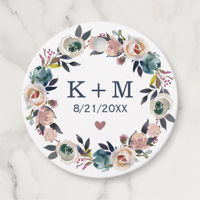 Étiquettes Cadeau Mariage rose marine Fête des mariées Monogramme Me (Devant)