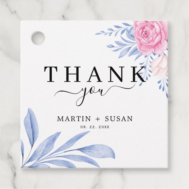 Étiquettes Cadeau Mariage rose rose rose pâle Feuilles bleu poussiér (Devant)