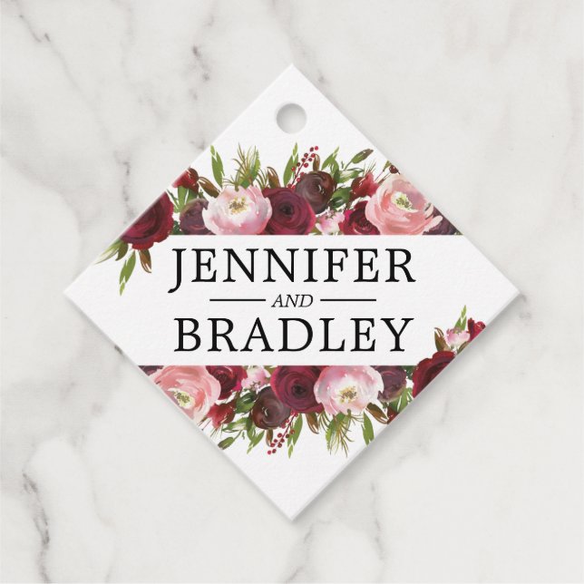 Étiquettes Cadeau Mariage Rustique Blush Bourgogne Fleurs (Devant)