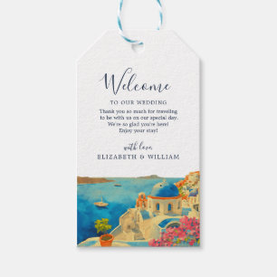 Étiquettes-cadeau Mariage Skyline Santorini Grèce Watercolor