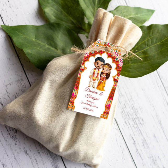 Étiquettes-cadeau Mariage sud-indien tamoul - Caricature mignonne fa (Tamil South Indian wedding cute bridal couple caricature cartoon thank you favor Gift Tags)