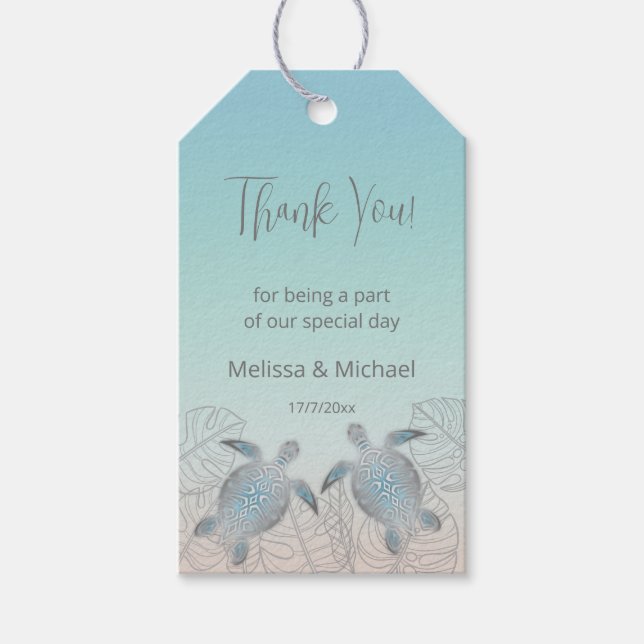 Étiquettes-cadeau Mariage sur la plage des tortues d'argent (Devant)