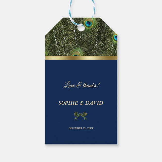 Étiquettes-cadeau Mariage Unique Bleu Nuit Plumes de Paon Or (Devant)