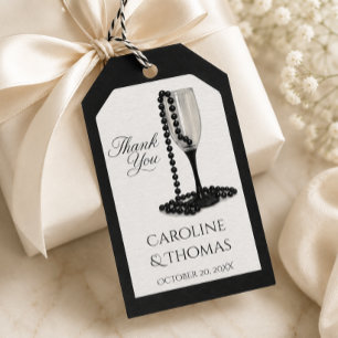 Étiquettes-cadeau Mariage Verre à Champagne Perle Noir & Blanc