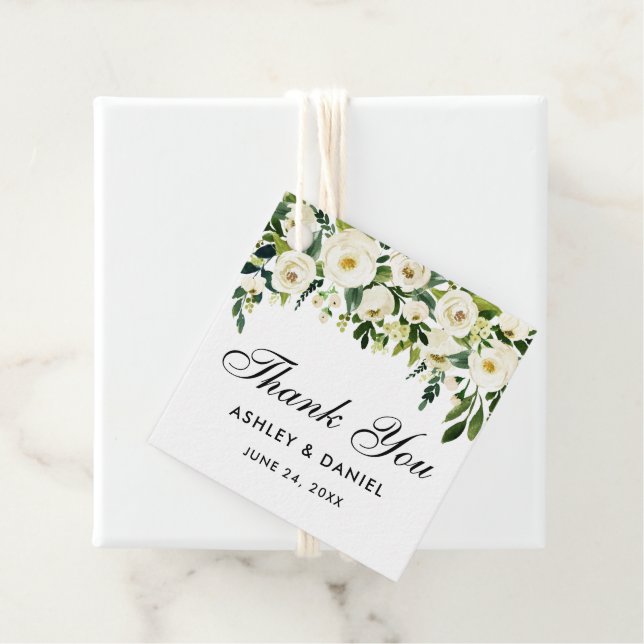 Étiquettes Cadeau Mariage vert blanc Merci floral (En situation)