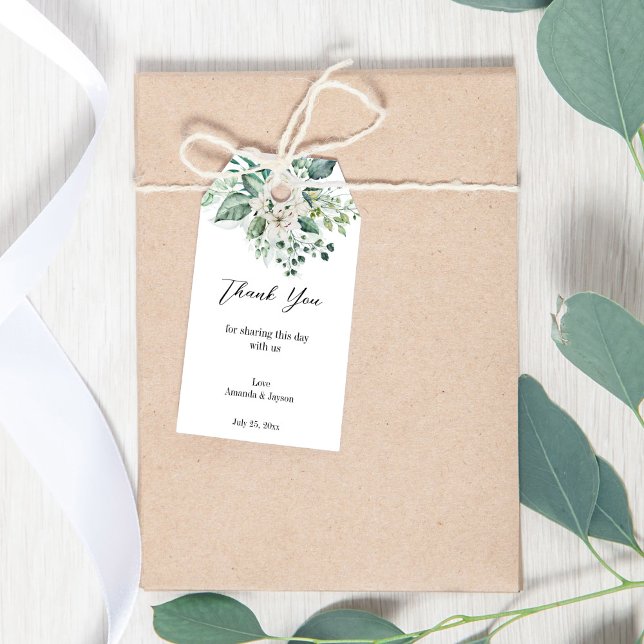Étiquettes-cadeau Mariage vert eucalyptus blanc roses (Greenery eucalyptus white roses wedding gift tags)