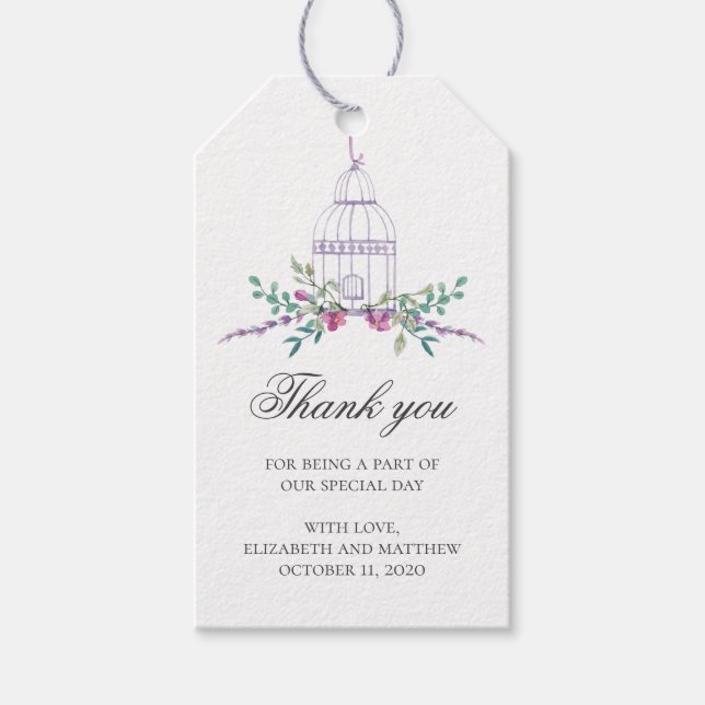 Étiquettes-cadeau Mariage violet merci. Volière et fleurs (Devant)