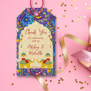 Étiquettes-cadeau Mariages indiens éléphants bleu jaune merci