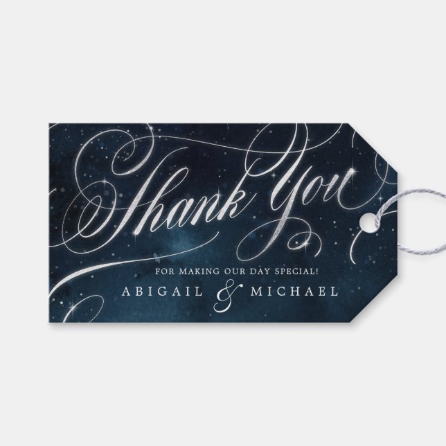 Étiquettes-cadeau Marine argent calligraphie glam mariage merci (Devant (Horizontal))