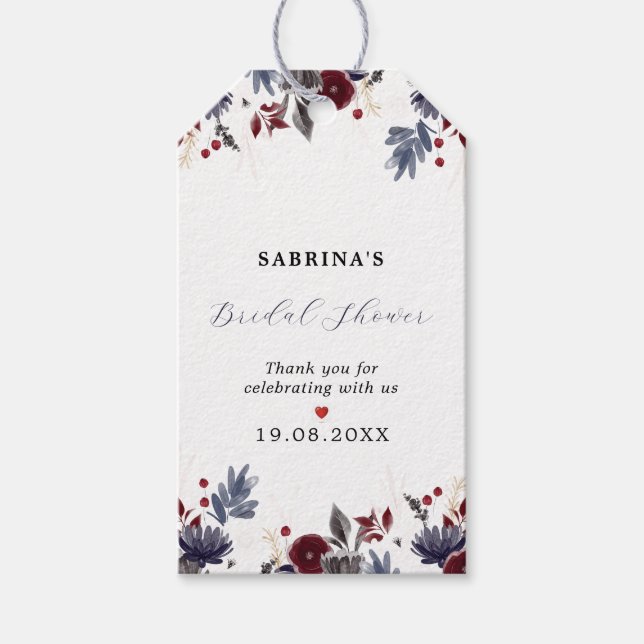 Étiquettes-cadeau Marine Bleu Bourgogne Rouge Gothique Floral Mariag (Devant)