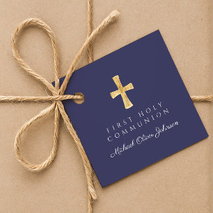Étiquettes Cadeau Marine Bleu Script Croix Boy Première communion
