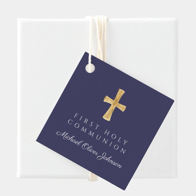 Étiquettes Cadeau Marine Bleu Script Croix Boy Première communion (Navy Blue Script Cross Boy First Communion Favor Tags)